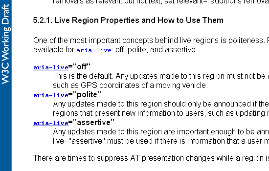 Portion of W3C ARIA page showing Live Region properties.