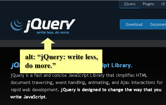 jQuery website with label indicating the alt text is the same as the graphical text which is jQuery: write less, do more.