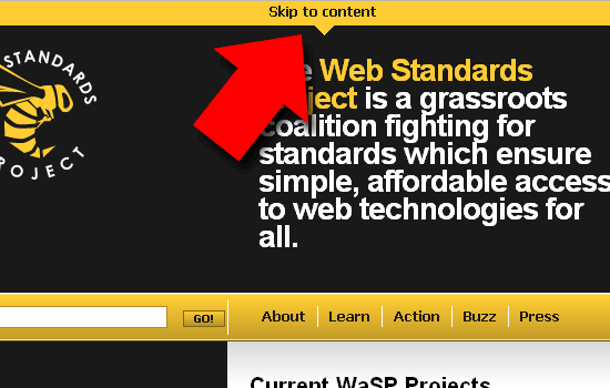 Portion of webstandards.org website with arrow pointing to the skip to content feature.